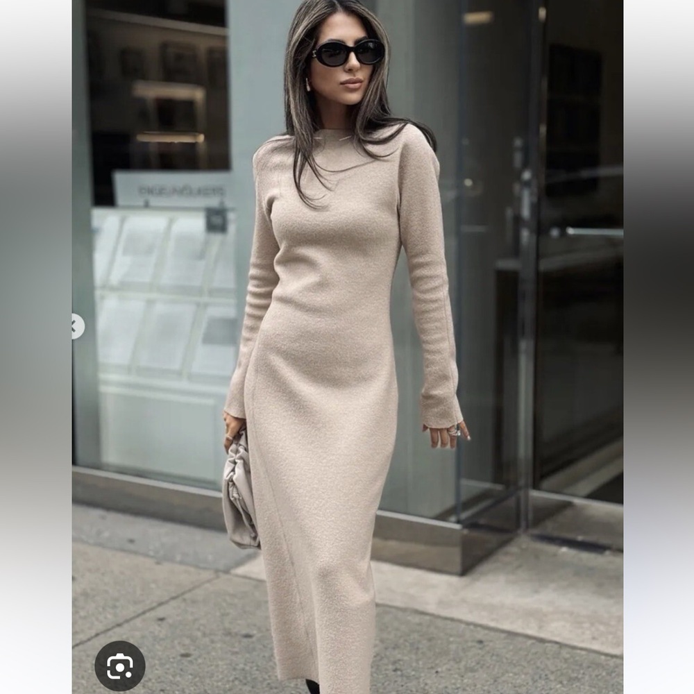 Zara NWT ZW Collection ivory boucle 100% wool midi dress long sleeve 8728/759